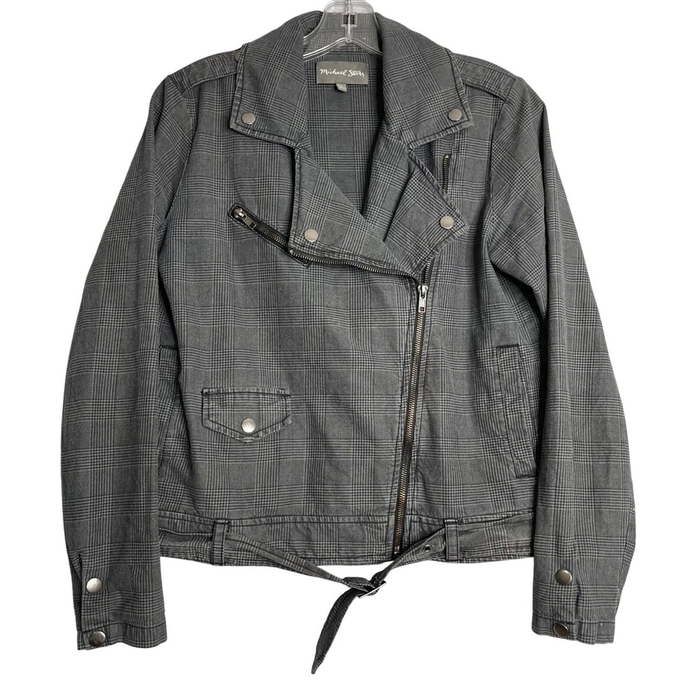 Michael Stars Moto Jacket Womens Small Grey Glen Plaid Cotton Belted Biker Edgy